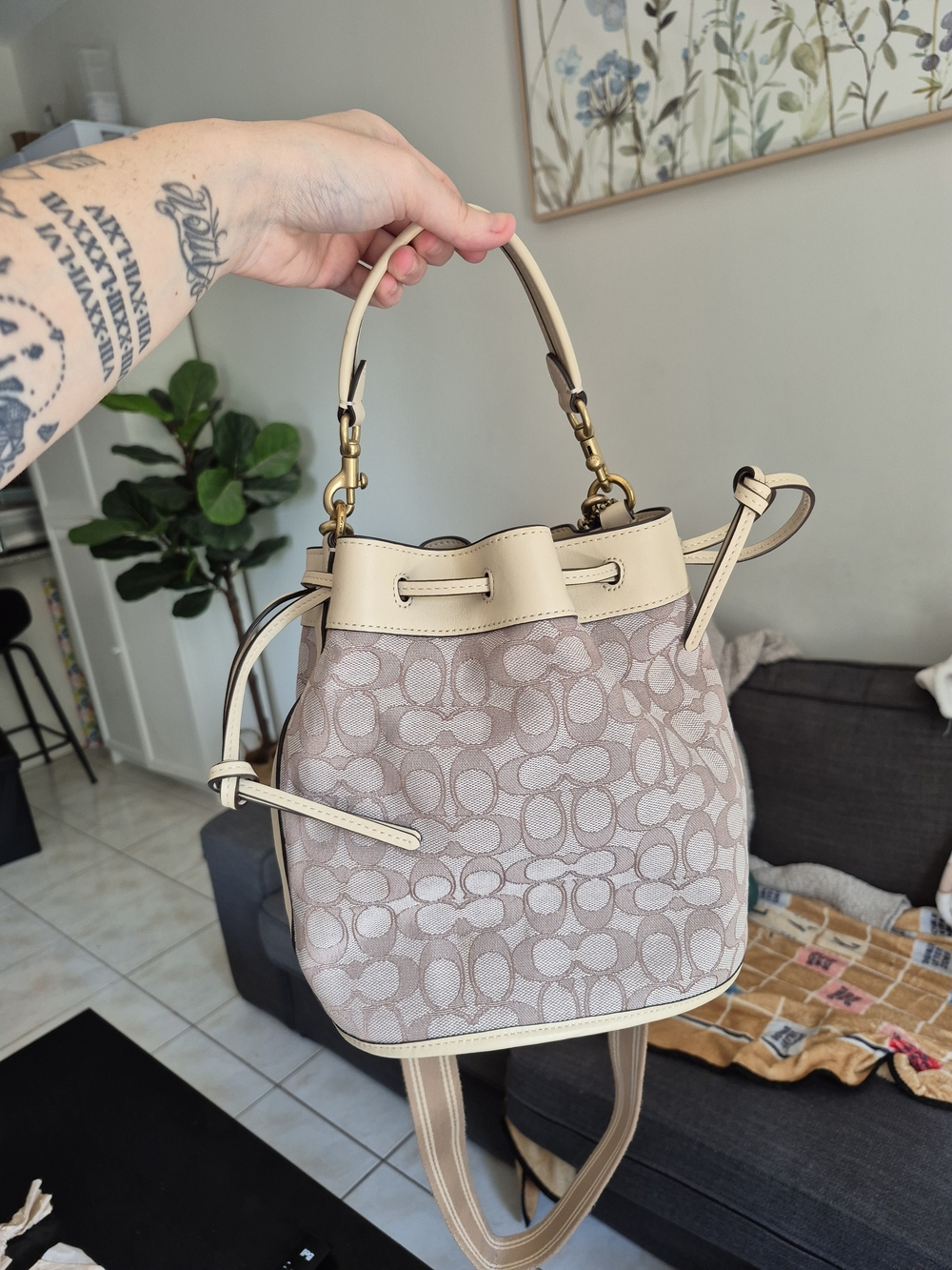 Coach Beige Cream Signature Canvas Drawstring Bucket Bag